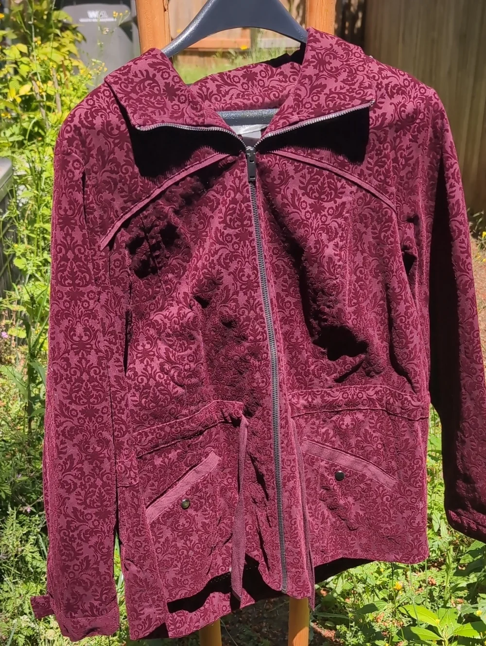 Deep Red Velvet Embossed CJ Banks Maroon Damask Zip-Up Jacket